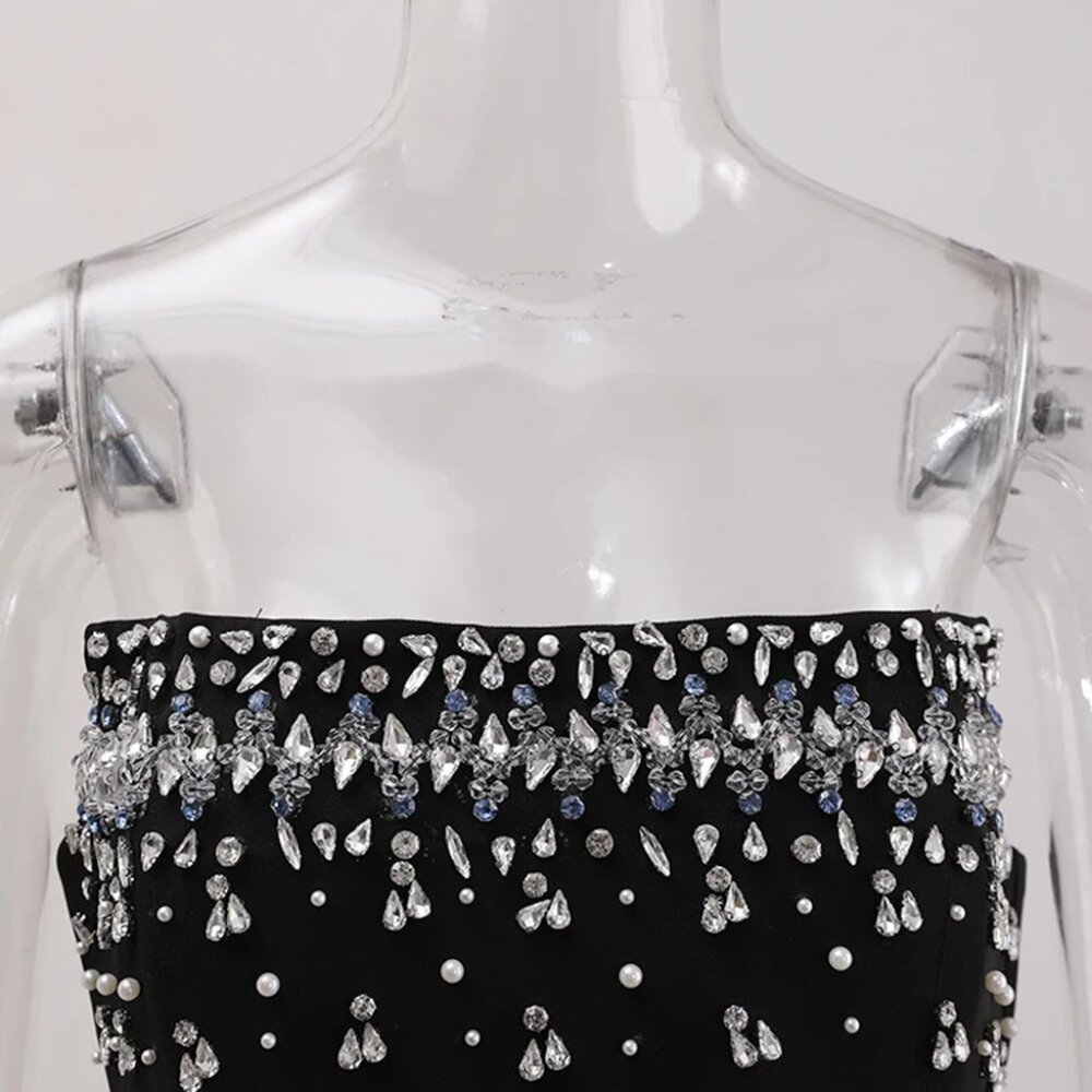 Stunning Embellished Crystal Bodice Midi Dress/Black Gown - Picture 6 of 6